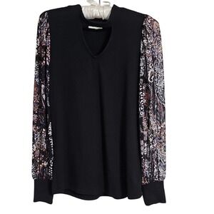 Floral Black Blouse Top Maurices Sheer Sleeve Long Sleeve Size‎ S EUC